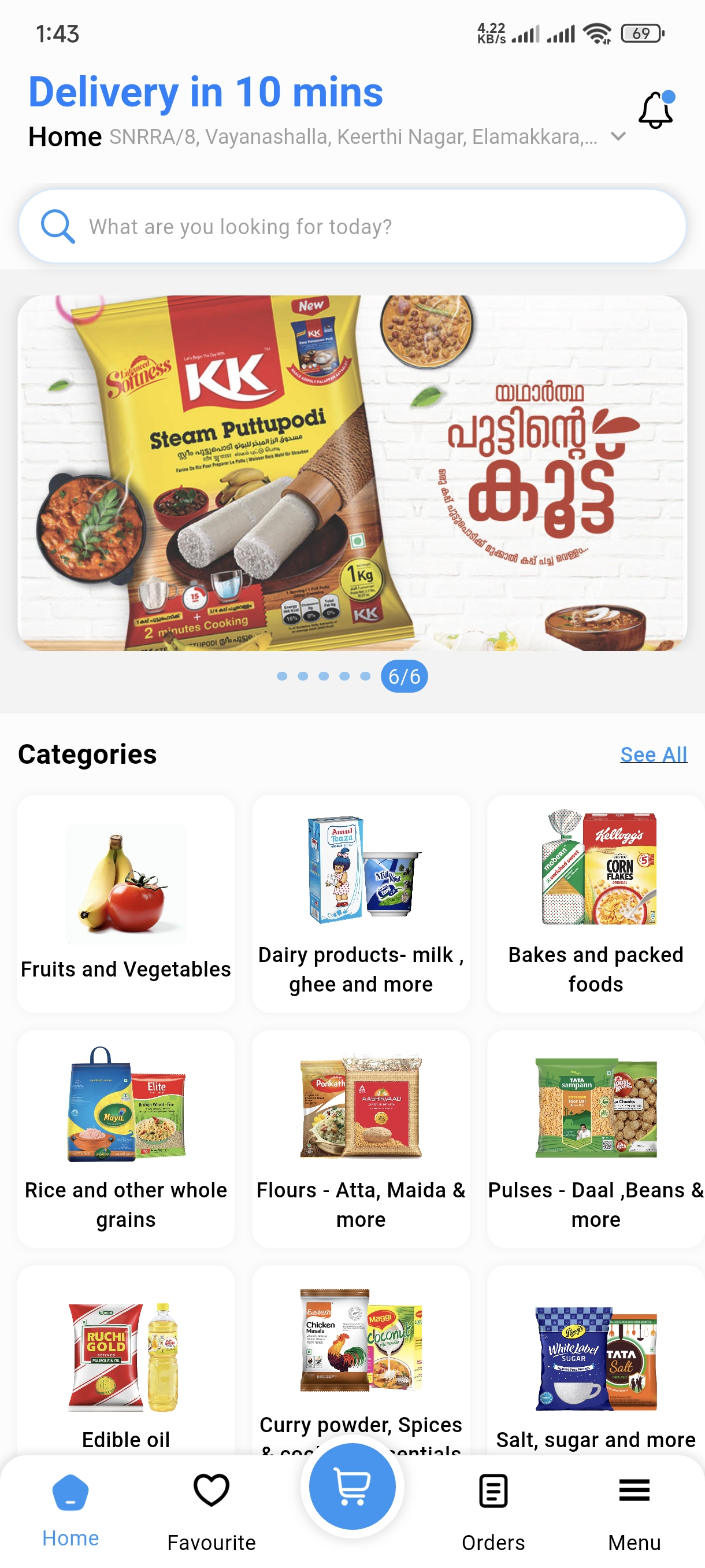 Zaap app showing grocery categories and fresh products in Kochi